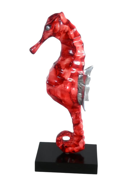 Red Seahorse Figurine on Base Painted Aluminum Sculpture 6"x4"x15"H