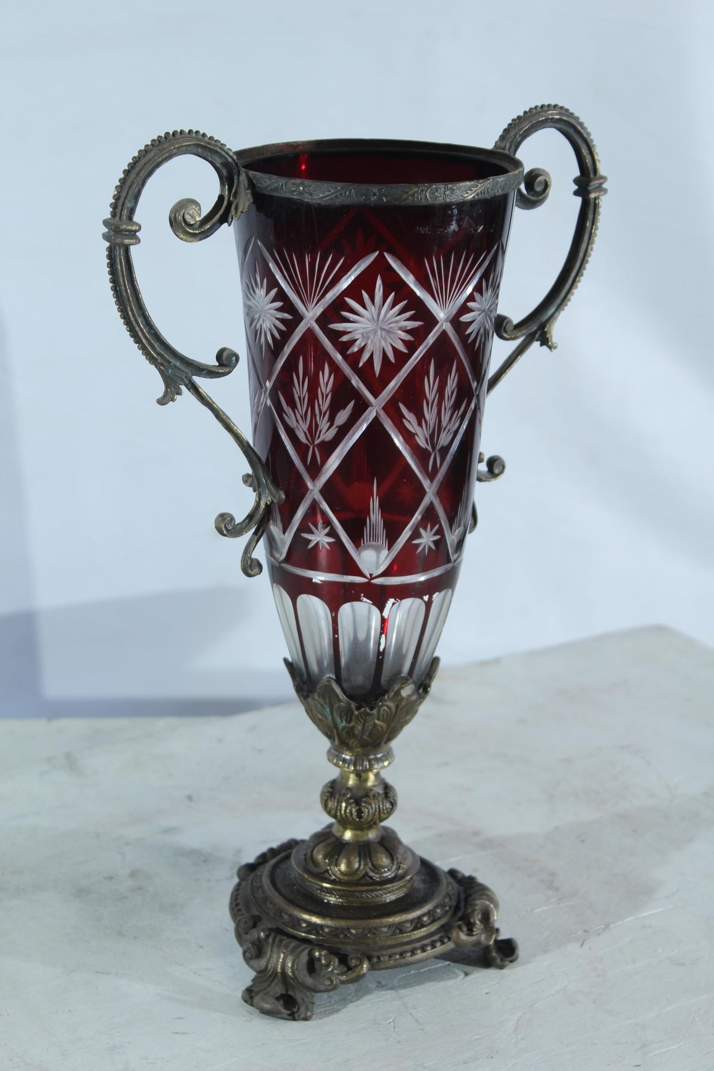 Ruby Red Cut Glass Trophy Vase with Metal Handles and Ornate Base 10"x6"x16"H
