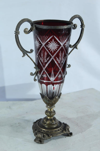 Ruby Red Cut Glass Trophy Vase with Metal Handles and Ornate Base 10"x6"x16"H
