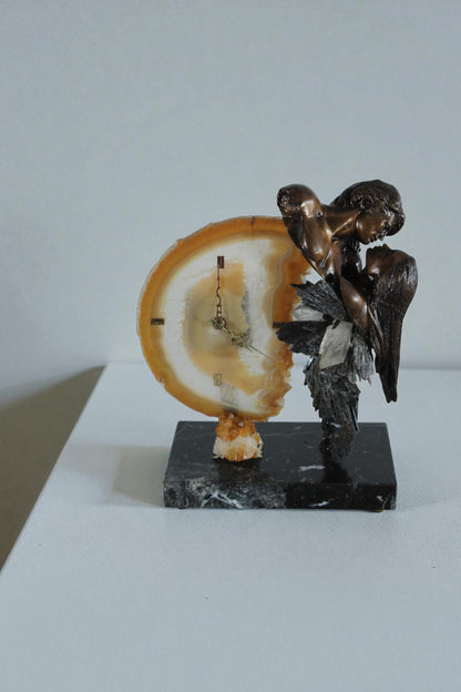 NIFAO Angel Clock Sculpture with Agate Bronze Art by Vidal Spain 10"x5"x12"H