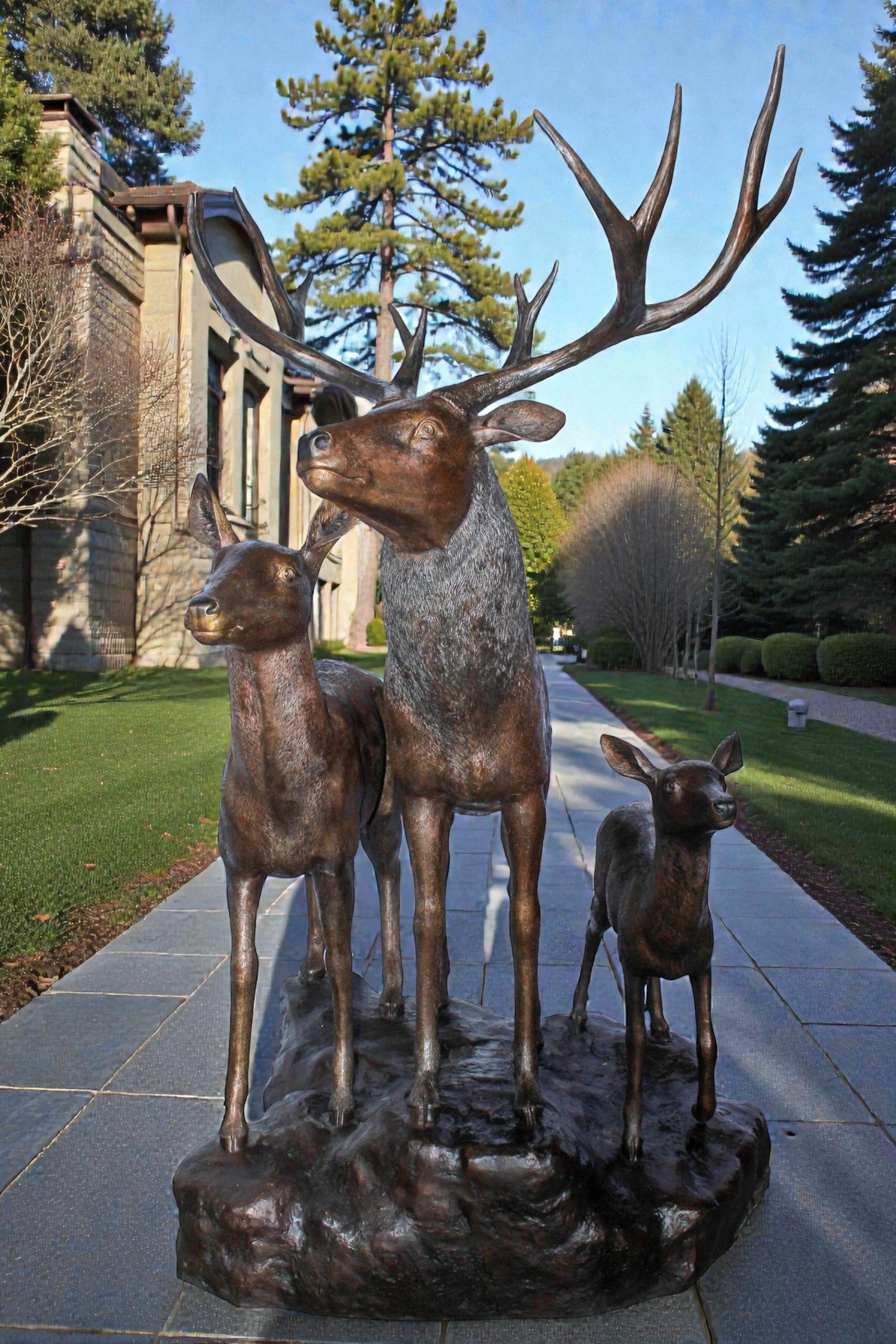 Life Size Bronze Deer Family Sculpture for Outdoor Display 48" x 50" x 81"H