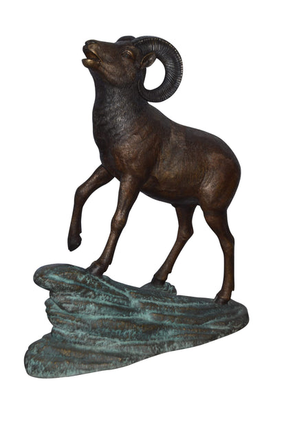 Life Size Ram standing on a rock Bronze Statue - Size: 38"L x 19"W x 45"H.