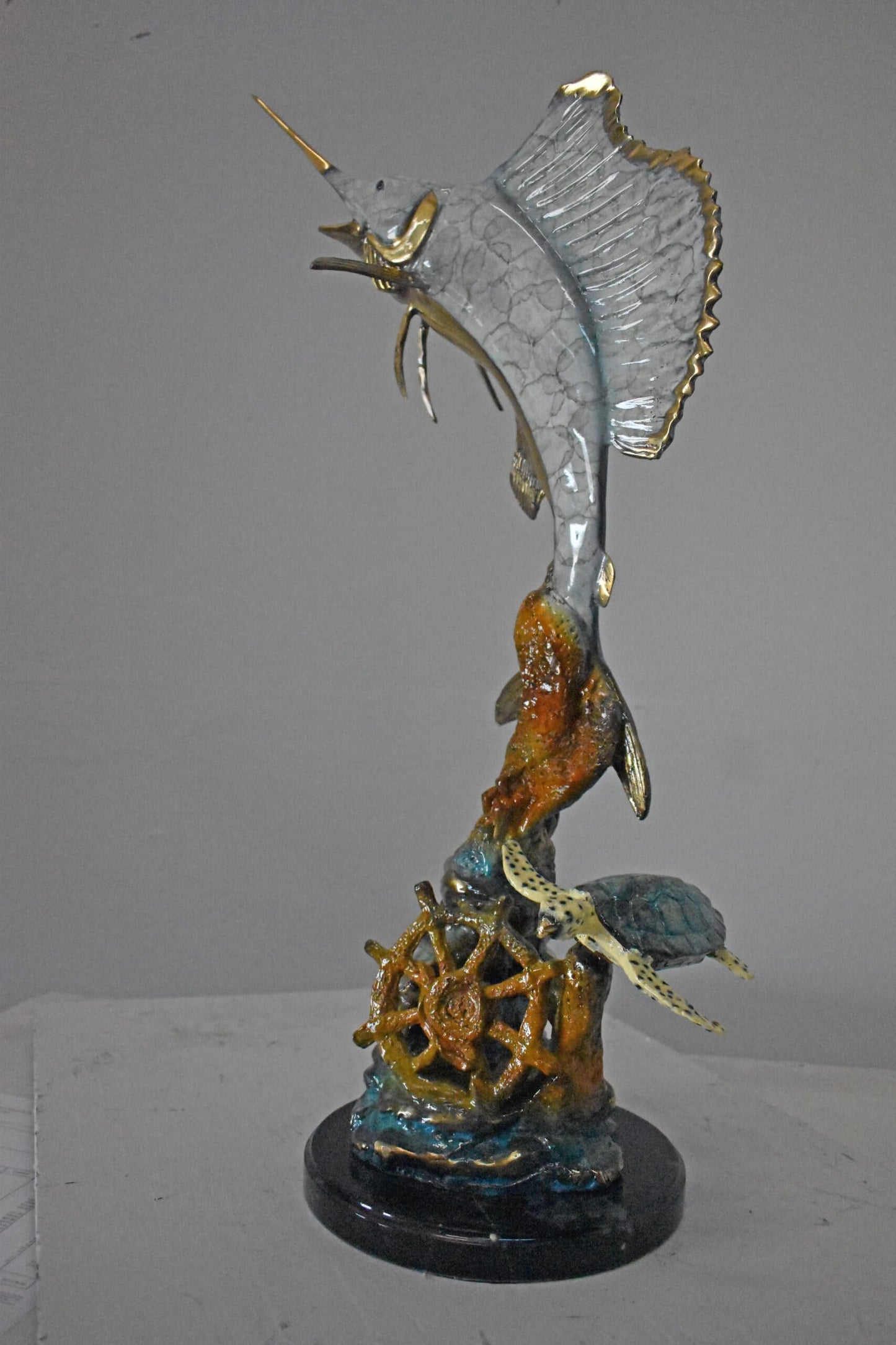 Nifao Sailfish and Turtle Bronze Statue on Marble Base – Lost Wax Marine Life Sculpture with Patina Finish - 12" L x 18" W x 31" H