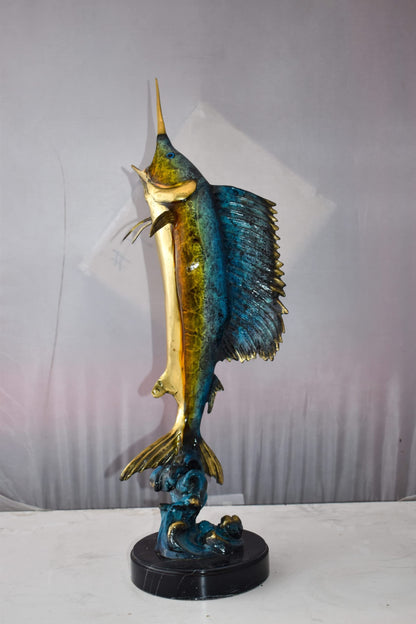 Upright Fierce Marlin Jumping Off the Water Bronze Statue  Size: 12" x 8" x 30"H