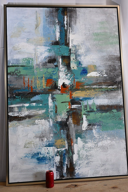 Mystery Abstract Canvas Painting Teal Gray Framed Art 41"x61"