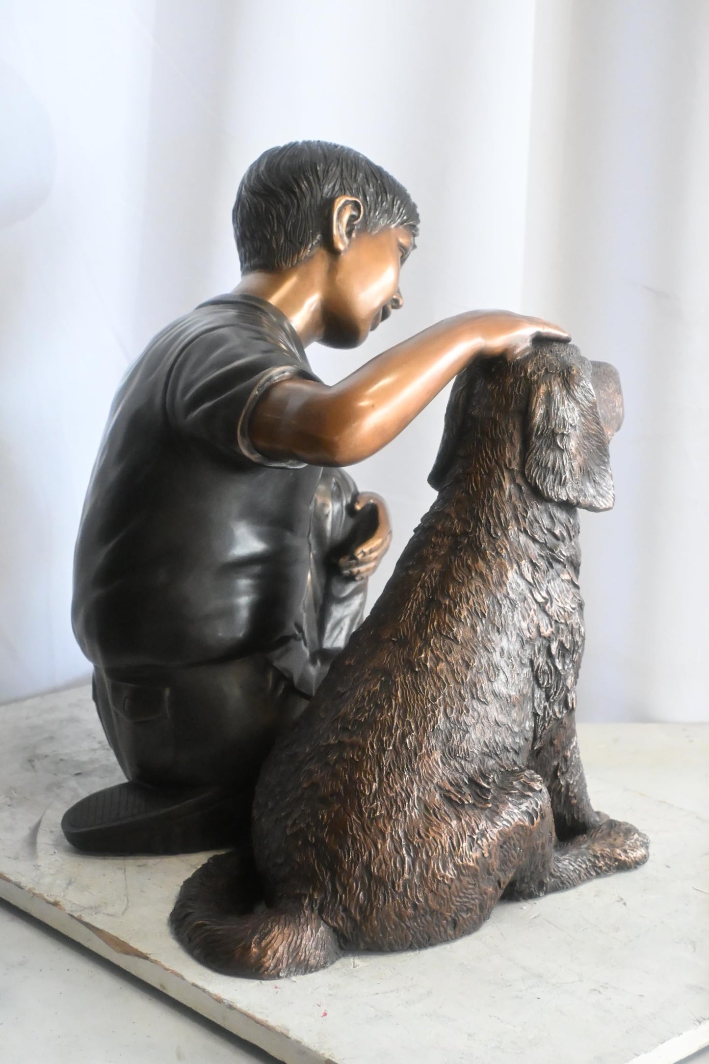 Bronze Boy with Dog Statue Child Petting Puppy Sculpture 21"x18"x23"H