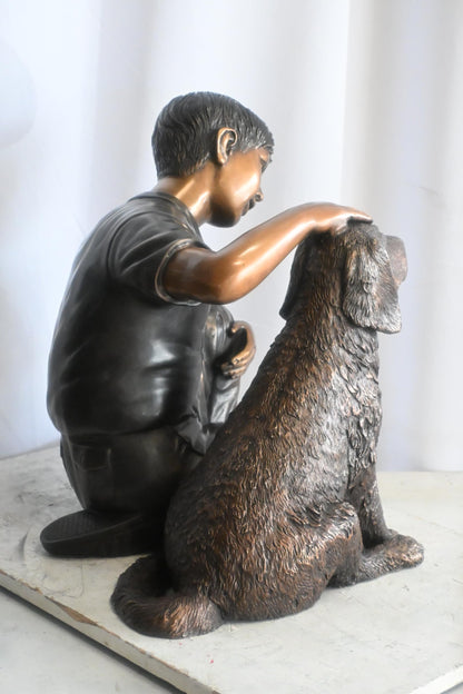 Bronze Boy with Dog Statue Child Petting Puppy Sculpture 21"x18"x23"H