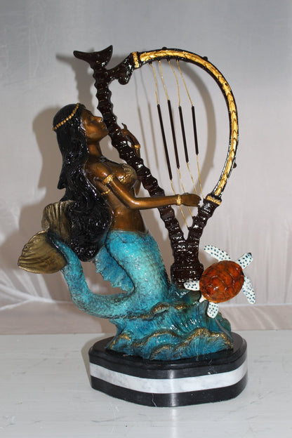 Mermaid play harp Bronze Statue -  Size: 13"L x 8"W x 22"H.