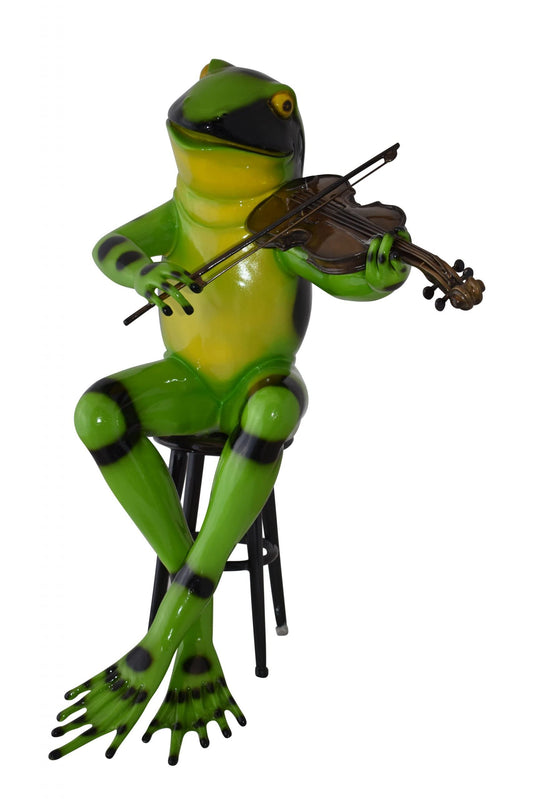 Musical Green Frog Bronze Statue - Playing Violin Sculpture - Perfect for Home or Office, 20"L x 18"W x 30"H