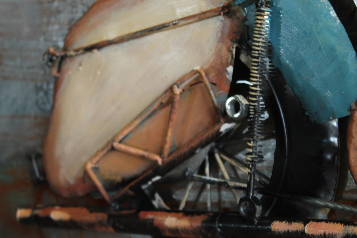 Vintage Motorcycle and Gas Pump Painting on Metal with 3D Effect 79" x 2" x 40"H