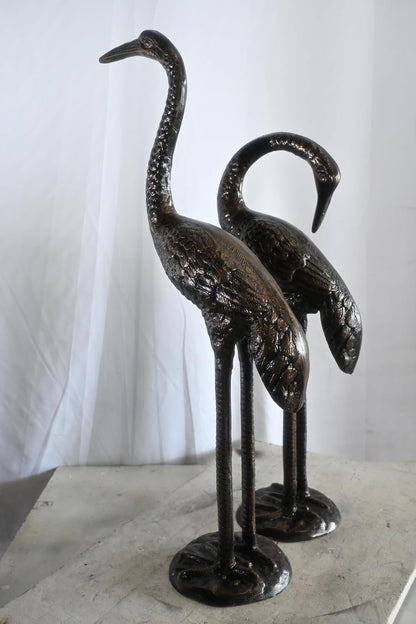 Elegant Pair of Standing Crane Birds Aluminum Sculptures 13"x16"x21"H