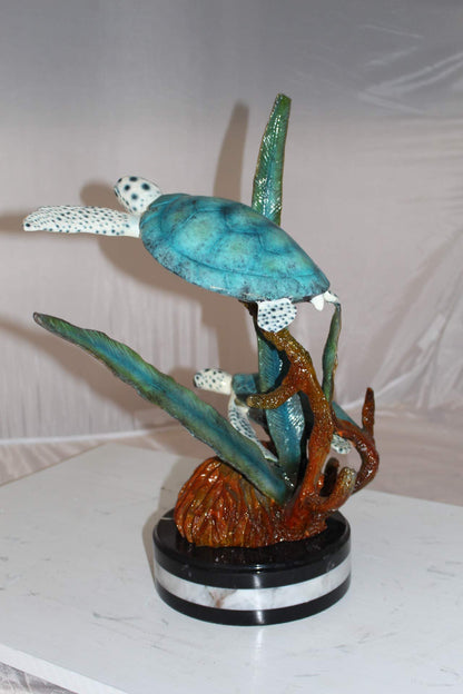Two Sea Turtles Swimming Bronze Statue -  Size: 17"L x 9"W x 20"H.