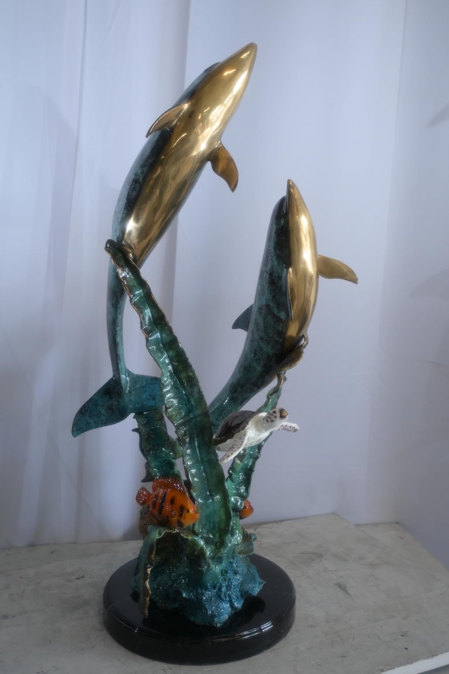 Large Bronze Dolphin Pair Ocean Scene Sculpture Marble Base 15"x18"x33"H