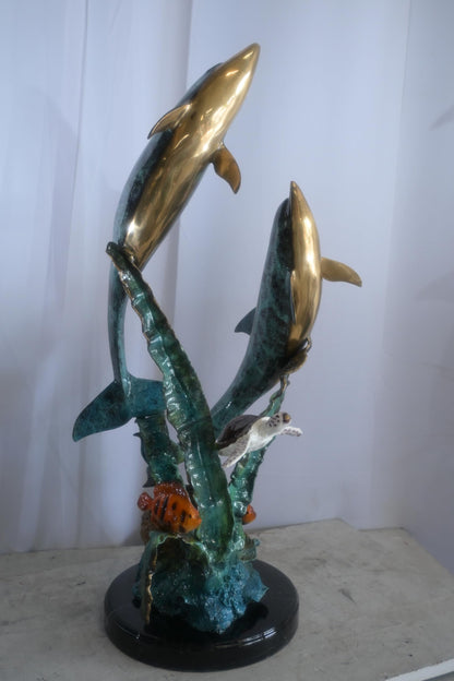 Large Bronze Dolphin Pair Ocean Scene Sculpture Marble Base 15"x18"x33"H