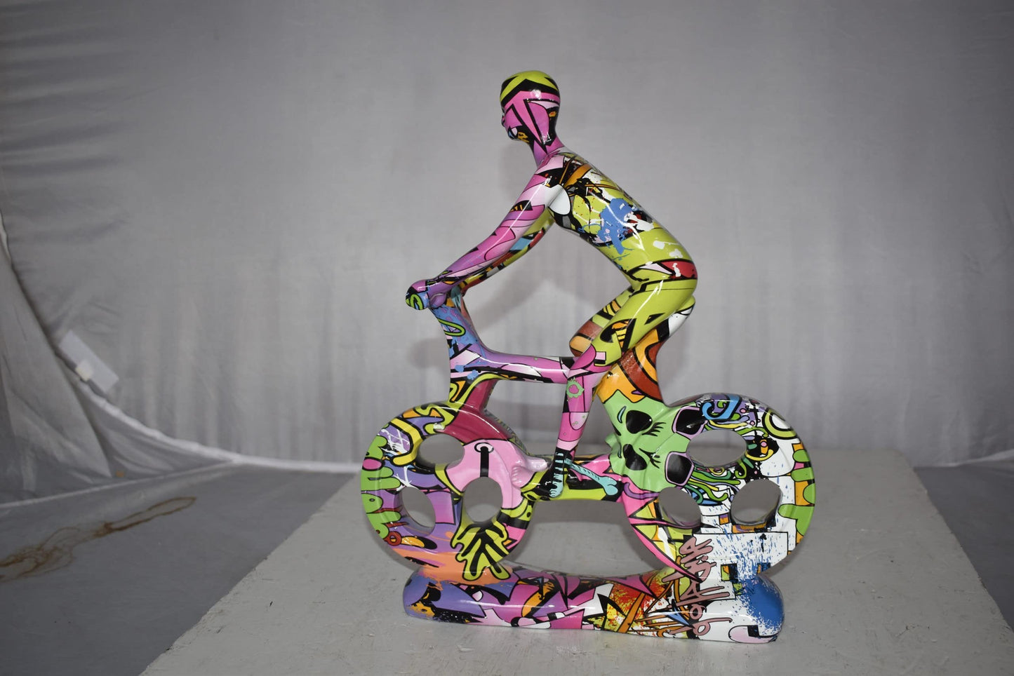 Modern Art Graffiti Bicycle and Rider Statue Made of Resin Size: 10" x 4" x 15"H