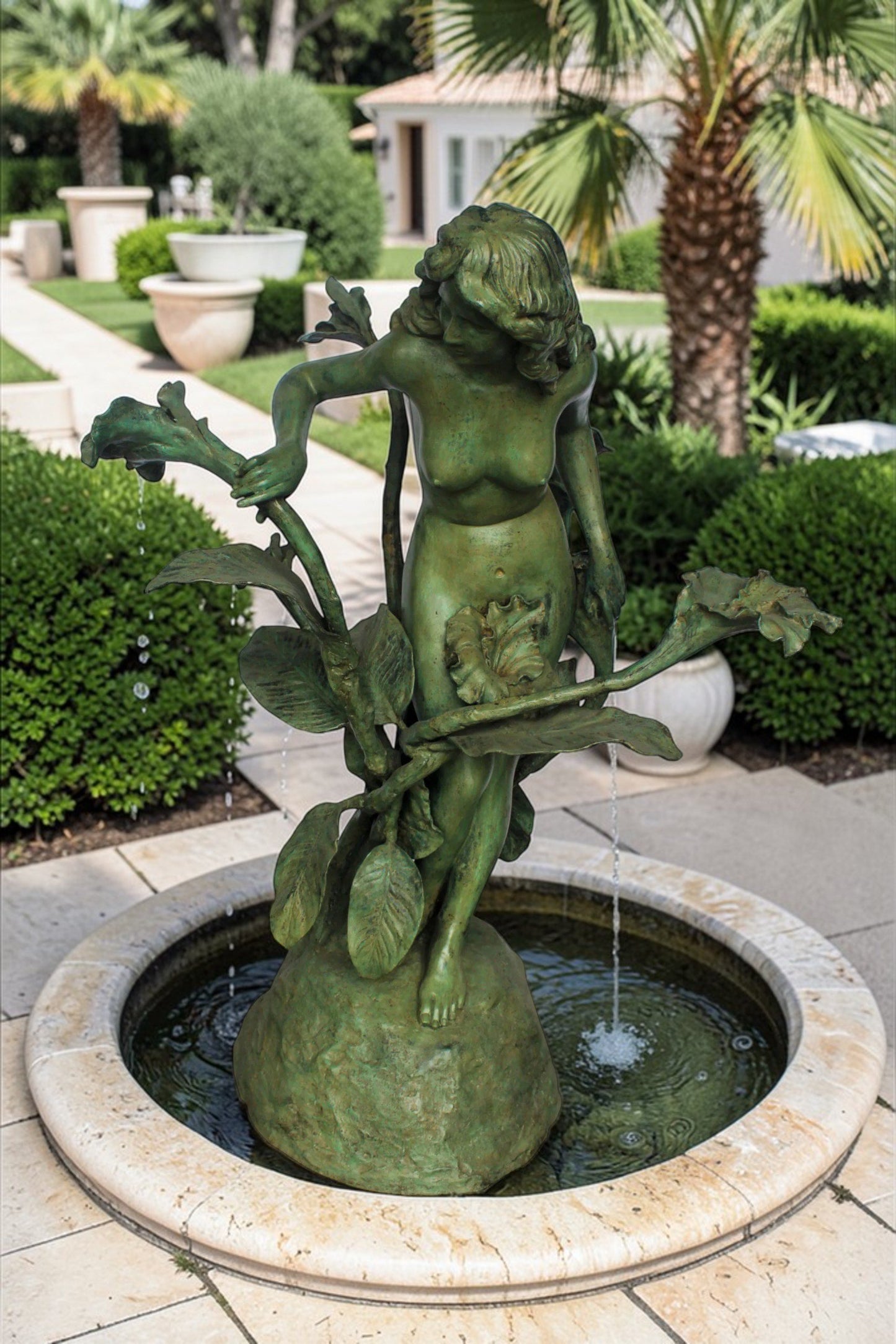 Nude Art Girl Standing by the Garden Life Size Bronze Fountain 44" x 44" x 64"H