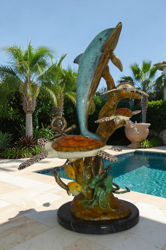 Dolphin medium with Turtles Fountain Bronze Statue -  Size: 24"L x 34"W x 36"H.