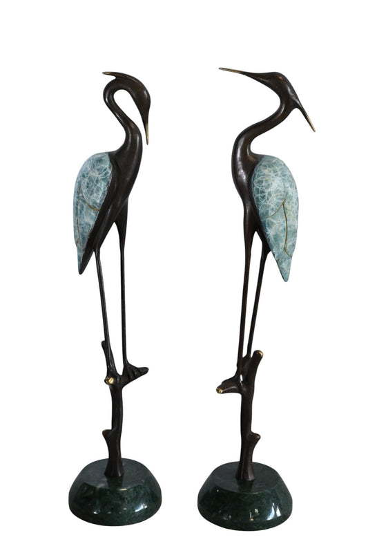 NIFAO Bronze Heron Pair Statue Set Marble Base Bird Sculpture 8"x4"x17"H