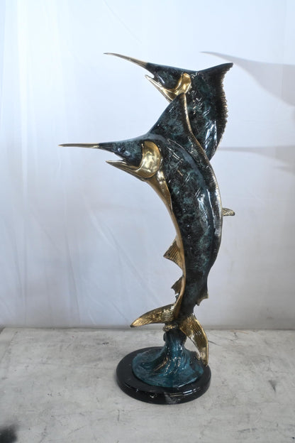 Two Marlin Swordfish Bronze Sculpture Vertical Leap 15"x6"x31"H