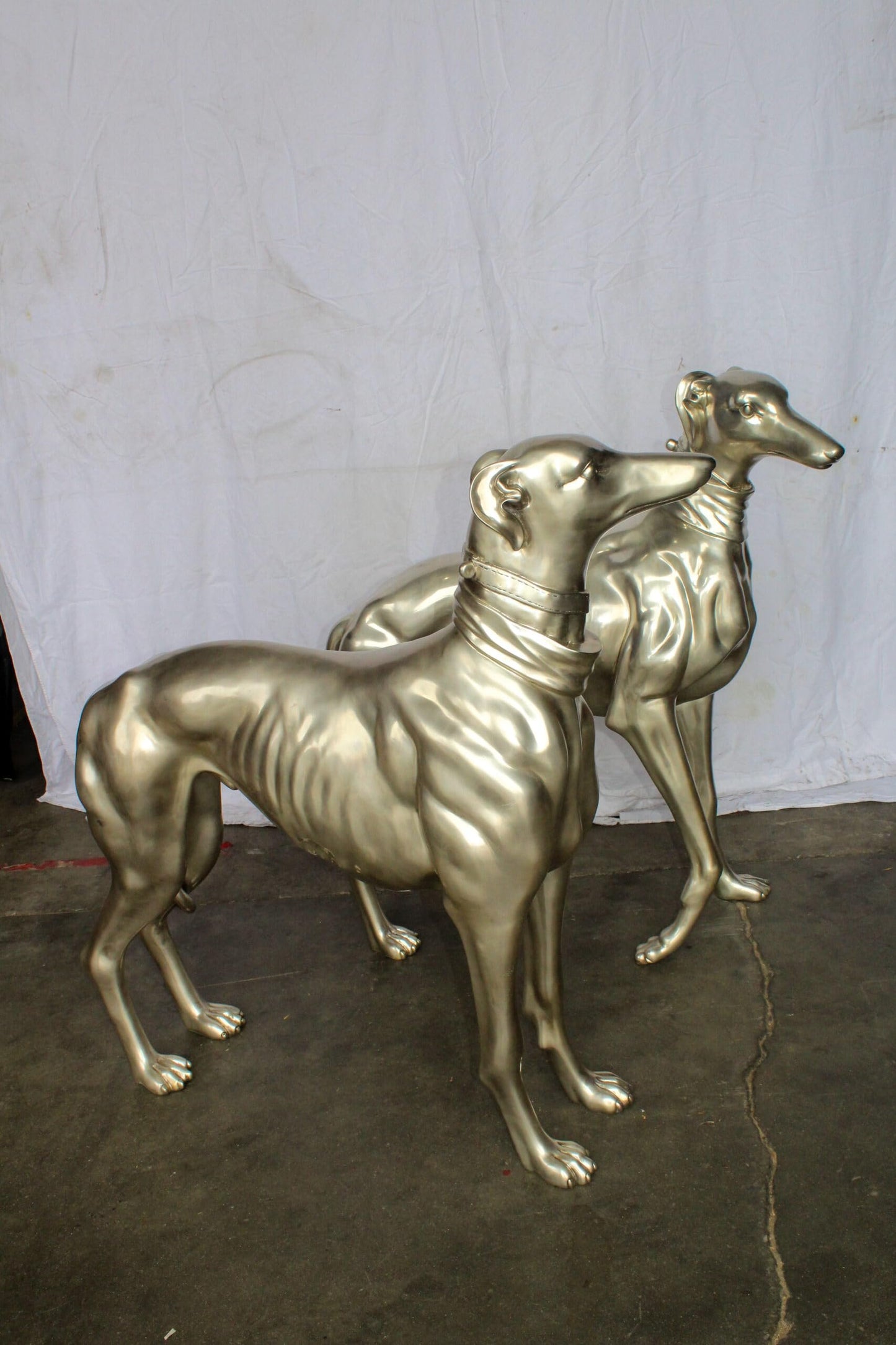 Pair of Greyhound Dogs Bronze Statues, Silver Plated Finish 48" x 12" x 40"H