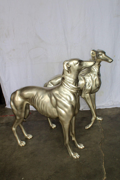Pair of Greyhound Dogs Bronze Statues, Silver Plated Finish 48" x 12" x 40"H