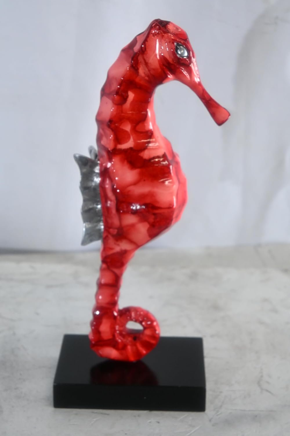 Red Seahorse Figurine on Base Painted Aluminum Sculpture 6"x4"x15"H