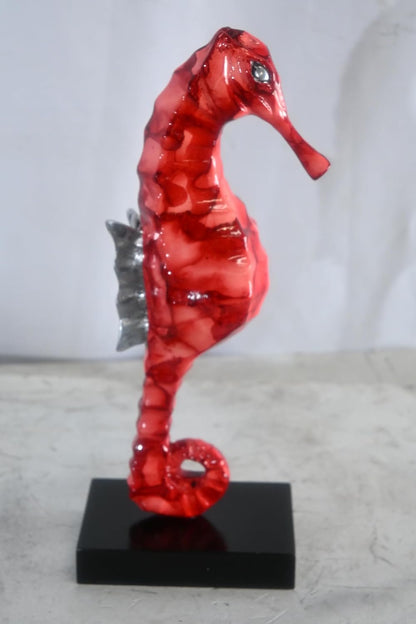 Red Seahorse Figurine on Base Painted Aluminum Sculpture 6"x4"x15"H