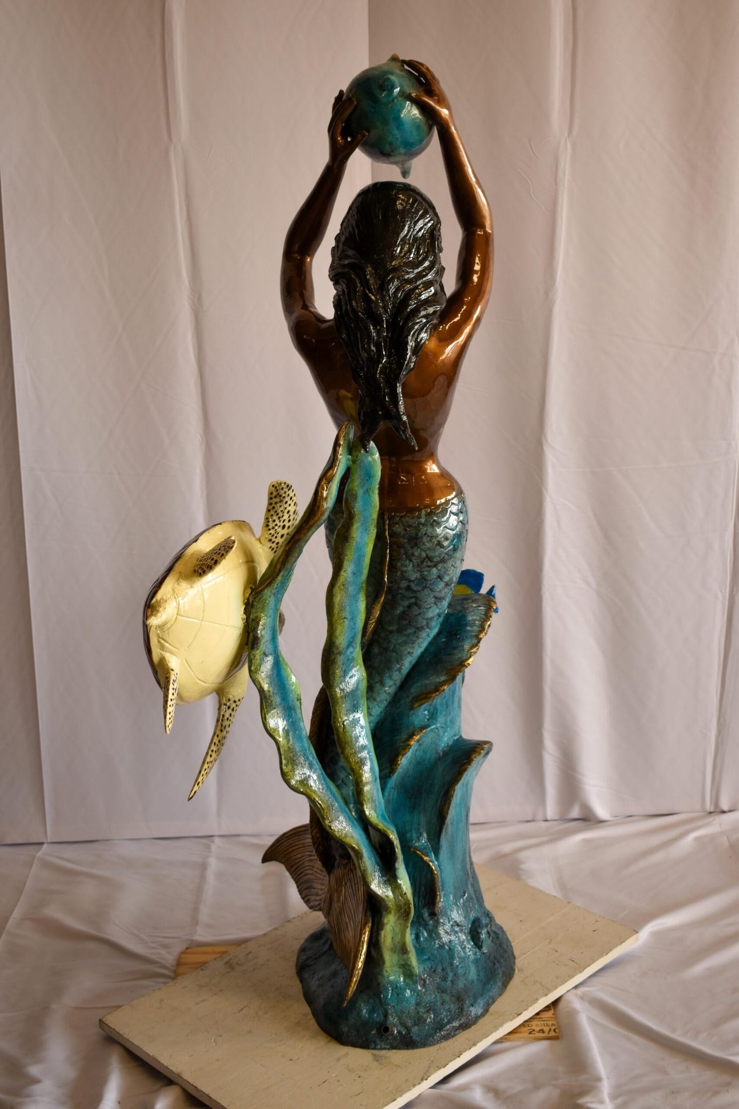 Mermaid With Clown fish and Turtle Bronze Fountain Statue 32" x 19" x 60"H