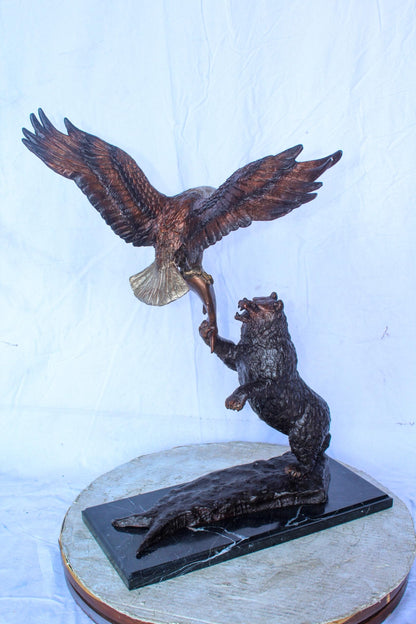 Bronze Statue of an Eagle and Bear Fighting for Fish Prey  24" x 9" x 28"H