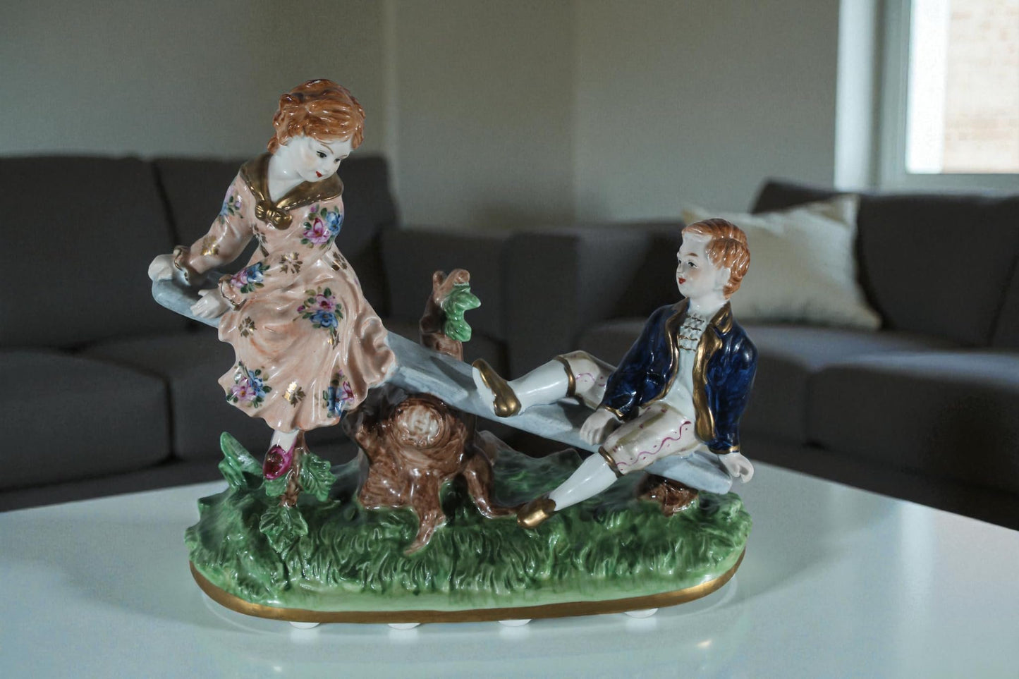 NIFAO Porcelain boy and Girl on Seesaw Figurine Vintage Style 10"x4"x9"H