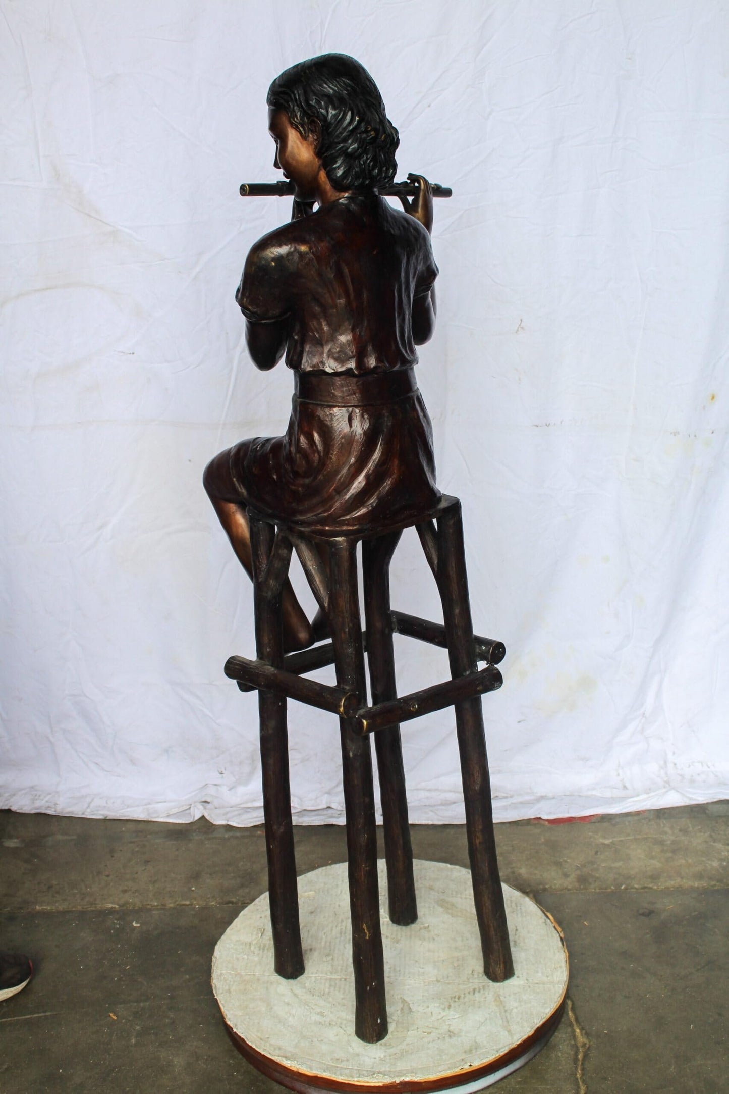Young Girl Playing the Flute sitting on a Chair Bronze Statue 24" x 16" x 58"H