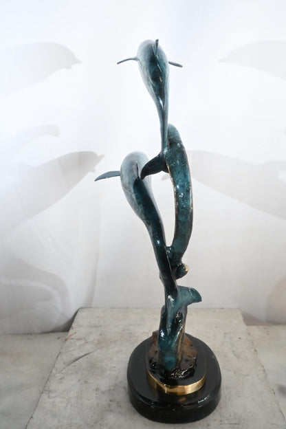 Two Dolphins Bronze Sculpture Spiral Formation 16"x11"x30"H