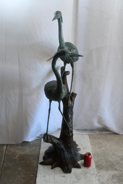 Bronze Heron Pair Sculpture on Driftwood Branch Perch 25"x20"x52"H