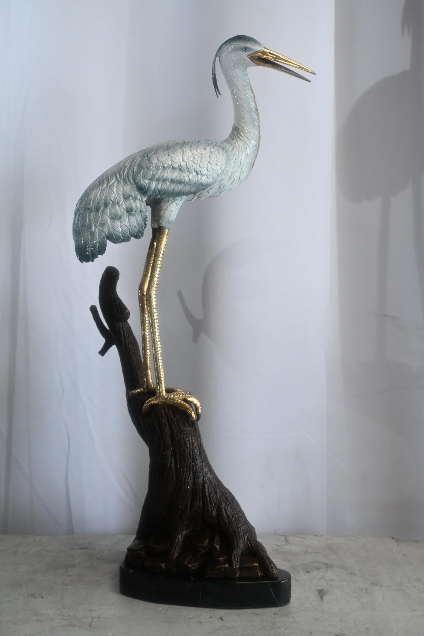 Bronze Heron Statue on Driftwood Marble Base Sculpture 17"x17"x37"H