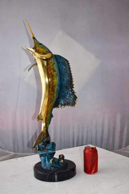 Upright Fierce Marlin Jumping Off the Water Bronze Statue  Size: 12" x 8" x 30"H