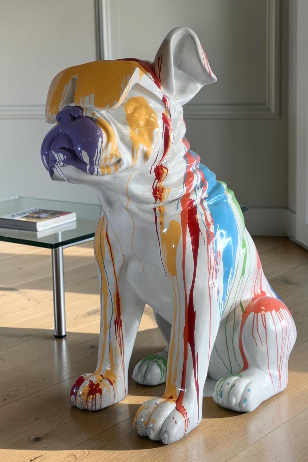 Giant Resin Bulldog Statue with Colorful Paint Drip Art 29"x50"x50"H