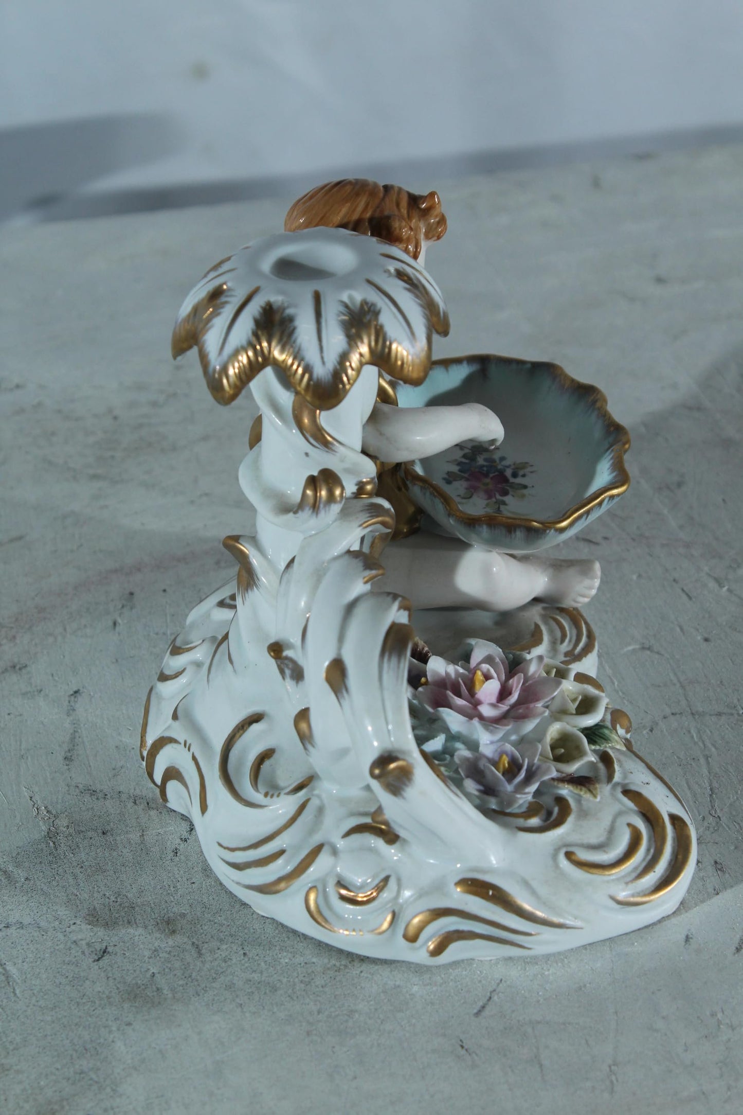 Porcelain Cherub Candle Holder with Floral Dish 9"x6"x7"H