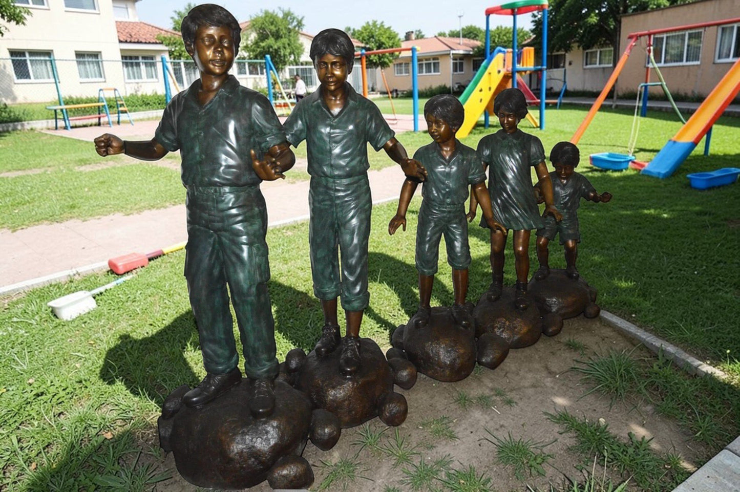 Five Kids Walking on Rocks Bronze Statues -  Size: "L x "W x "H.