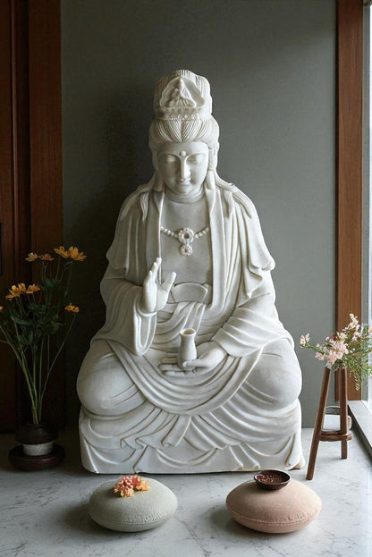 Giant Graceful Buddha in All White Marble Statue 20" x 25" x 44"H