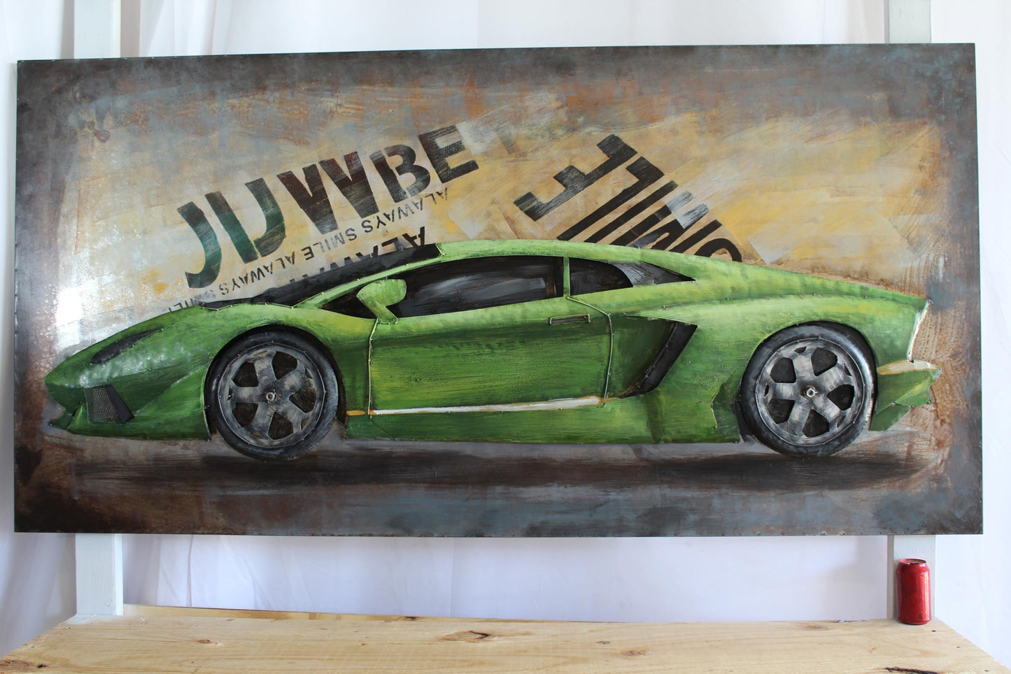NIFAO Lamborghini Inspired Green Supercar Painting on Metal 3D 79" x 2" x 40"H