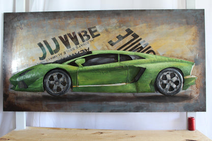 NIFAO Lamborghini Inspired Green Supercar Painting on Metal 3D 79" x 2" x 40"H