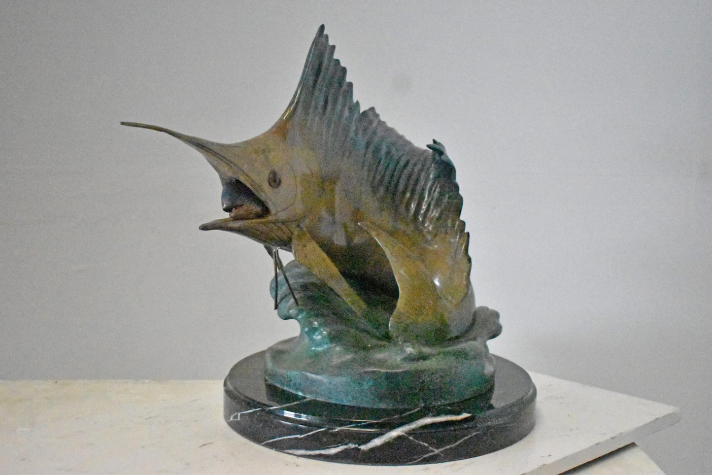 Nifao Sailfish Catching Fish Bronze Statue on Marble Base – Lost Wax Cast Ocean Life Sculpture with Hand-Applied Patina, Marine Wildlife Decor,26" x 16" x 25"H.