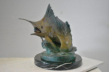 Nifao Sailfish Catching Fish Bronze Statue on Marble Base – Lost Wax Cast Ocean Life Sculpture with Hand-Applied Patina, Marine Wildlife Decor,26" x 16" x 25"H.