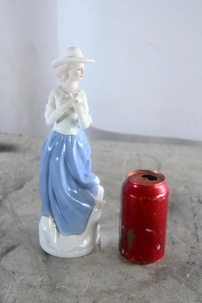 Porcelain Elegant Lady Blue Dress Hat Figurine with Rose 5"x4"x12"H