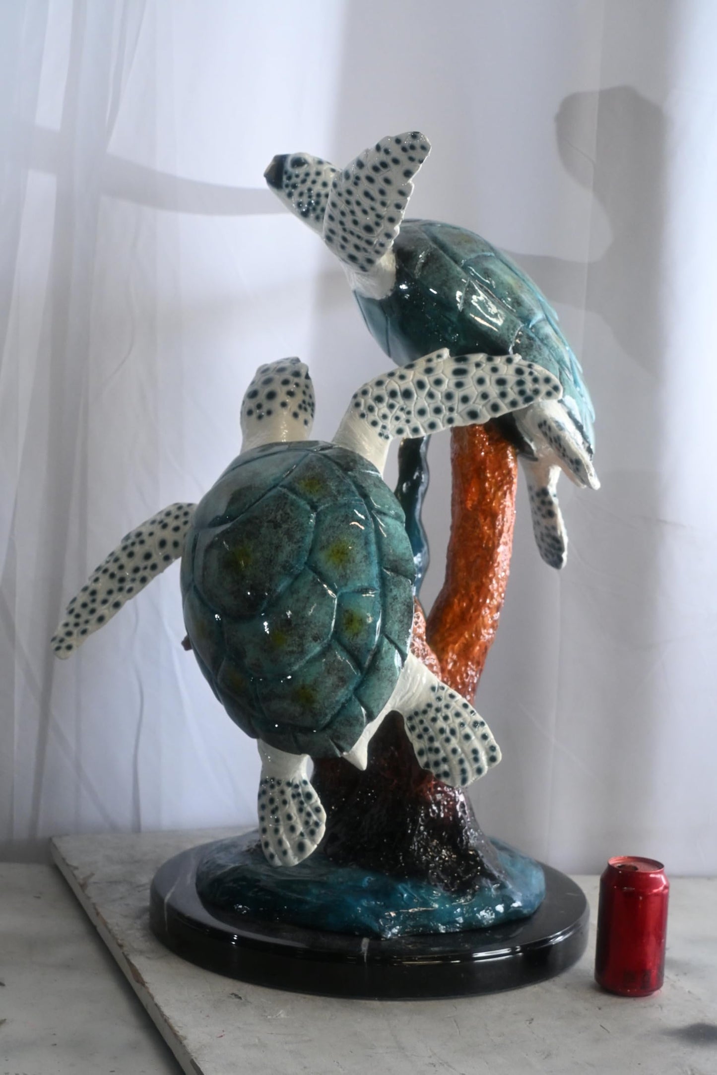 Two Sea Turtles on Coral Reef Bronze Sculpture Teal 17"x18"x33"H