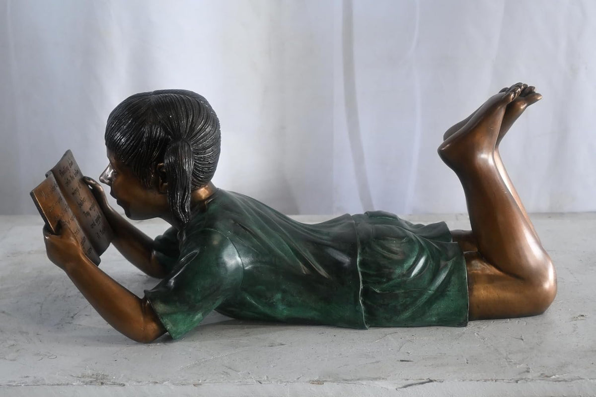 Bronze Girl Reading Fairy Tale Book Lying Down Sculpture 24"x10"x11"H