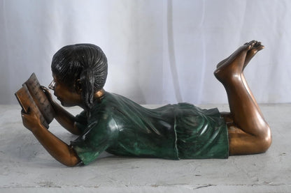Bronze Girl Reading Fairy Tale Book Lying Down Sculpture 24"x10"x11"H