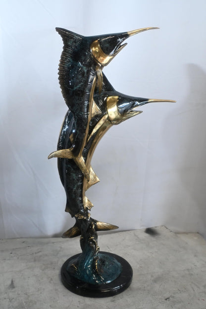 Two Marlin Swordfish Bronze Sculpture Vertical Leap 15"x6"x31"H