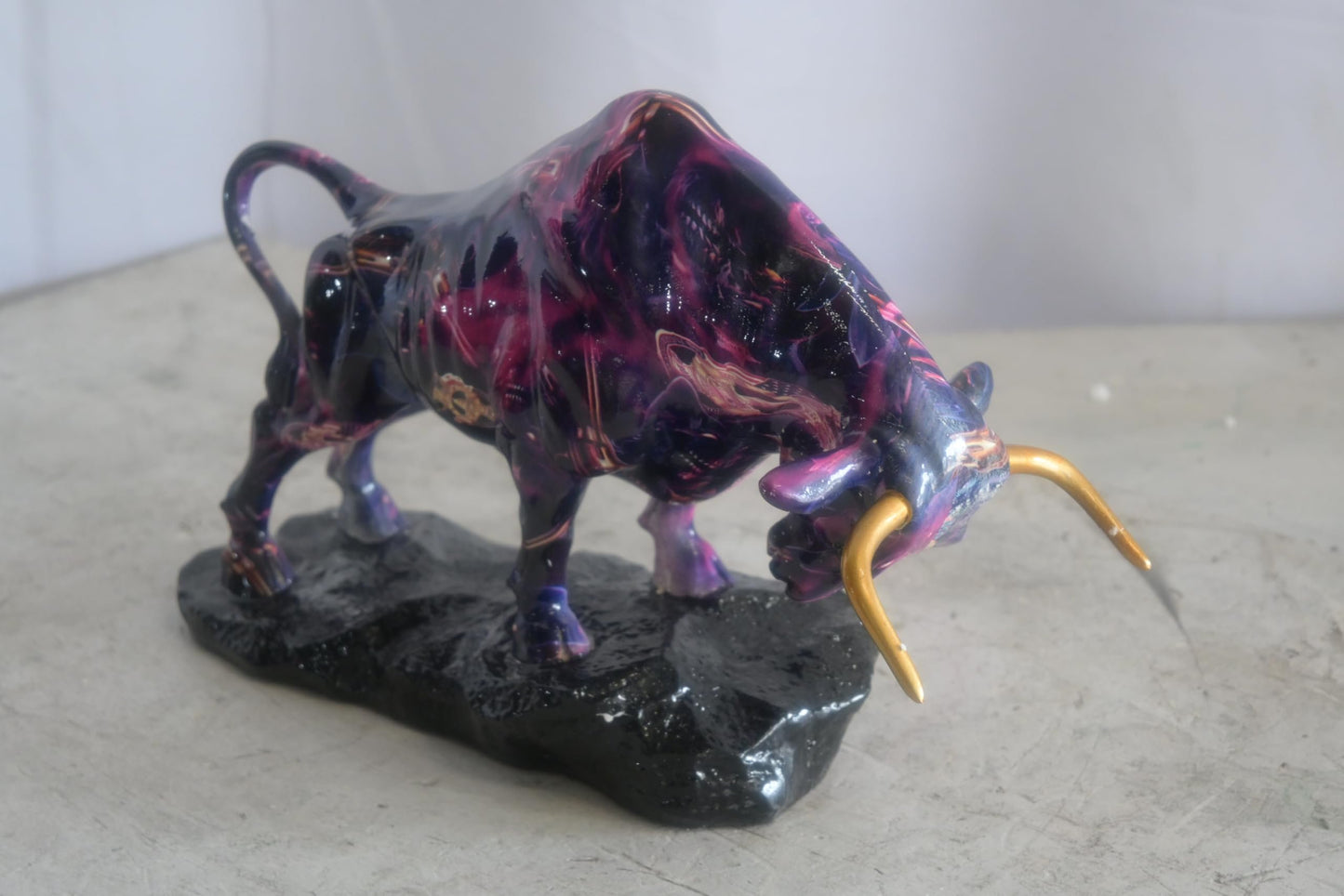 Resin Charging Bull Sculpture Purple Galaxy Finish Gold Horns 14"x4"x9"H