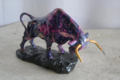 Resin Charging Bull Sculpture Purple Galaxy Finish Gold Horns 14"x4"x9"H